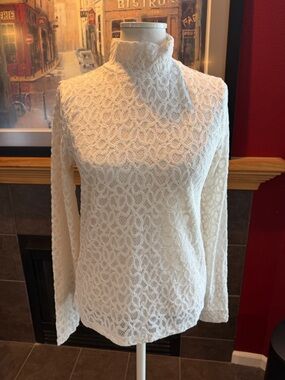 LOFT Cream Lace Mock Neck Long-Sleeve Top